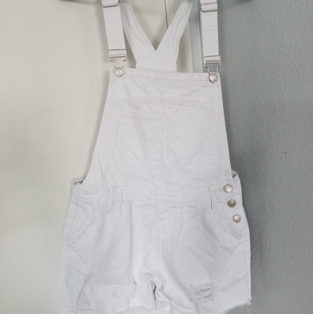 White Distressed Jean Overall Shorts, Size Medium